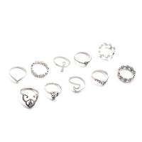 Conjunto de joyería de diamantes de imitación de la aleación de Zinc, anillo de dedo, chapado en color de plata antigua, para mujer & con diamantes de imitación, libre de plomo & cadmio, 17-18mm, tamaño:6.5-8, 10PCs/Set, Vendido por Set