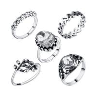 Conjuntos de joya de aleación de cinc de moda, aleación de zinc, anillo de dedo, con Vidrio, chapado en color de plata antigua, para mujer, libre de plomo & cadmio, 17-18mm, tamaño:7-9, 5PCs/Set, Vendido por Set