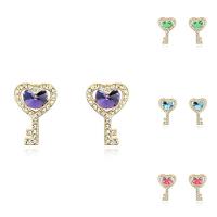Brass Stud Earring, with CRYSTALLIZED™, heart and key, real gold plated, for woman & faceted nickel, lead & cadmium free 