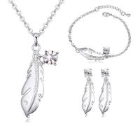 Brass Jewelry Set, Stud Earring & bracelet & earring, with 5cm extender chain, Feather, platinum plated, oval chain & for woman & with Austria rhinestone, nickel, lead & cadmium free  Approx 15.5 Inch, Approx  6 Inch 