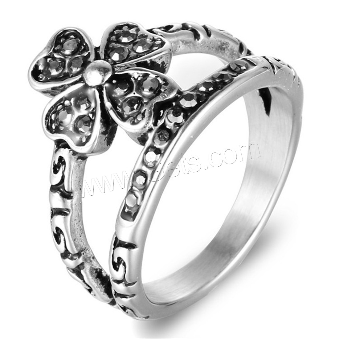 Titanium Steel Finger Ring, Four Leaf Clover, polished, different size for choice & for woman & with rhinestone & blacken, 15mm, Sold By PC