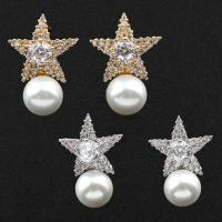Brass Stud Earring, with Shell Pearl, Star, plated, micro pave cubic zirconia & for woman nickel, lead & cadmium free 