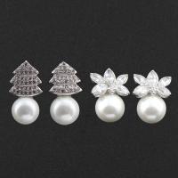 Brass Stud Earring, with Shell Pearl, silver color plated & micro pave cubic zirconia & for woman & faceted, nickel, lead & cadmium free 