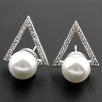 Brass Stud Earring, with Shell Pearl, Triangle, silver color plated, micro pave cubic zirconia & for woman, nickel, lead & cadmium free 