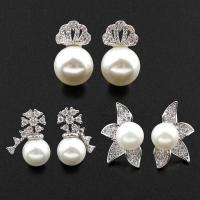 Brass Stud Earring, with Shell Pearl, silver color plated & micro pave cubic zirconia & for woman, nickel, lead & cadmium free 