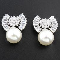 Brass Stud Earring, with Shell Pearl, silver color plated, micro pave cubic zirconia & for woman, nickel, lead & cadmium free 