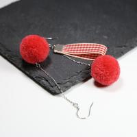 Fluffy Pom Pom Earrings, 925 Sterling Silver, with Plush & Silk Linen, hypo allergic & for woman  