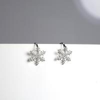 925 Sterling Silver Clip Earring, Snowflake, platinum plated, hypo allergic & for woman & with rhinestone 