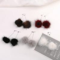 Fluffy Pom Pom Earrings, 925 Sterling Silver, with Marten Hair, hypo allergic & for woman & with cubic zirconia 50mm 