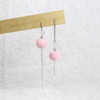 Fluffy Pom Pom Earrings, 925 Sterling Silver, with Plush & Resin, platinum plated, hypo allergic & for woman 80mm 