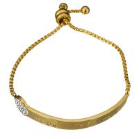 Stainless Steel ID Plate Bracelet, with Rhinestone Clay Pave, gold color plated, adjustable & box chain & with letter pattern & for woman 2.5mm Approx 10 Inch 