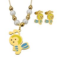 Enamel Stainless Steel Jewelry Sets, earring & necklace, with Glass Pearl, Bee, gold color plated, oval chain & for woman 2mm Approx 18 Inch 