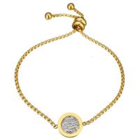 Stainless Steel Chain Bracelets, with Rhinestone Clay Pave, Flat Round, gold color plated, adjustable & box chain & for woman 2.5mm Approx 10.5 Inch 