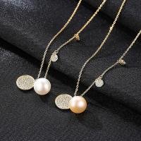 Freshwater Pearl Brass Necklace, with Freshwater Pearl, with 5cm extender chain, gold color plated, oval chain & for woman & with cubic zirconia nickel, lead & cadmium free Approx 15.5 Inch 