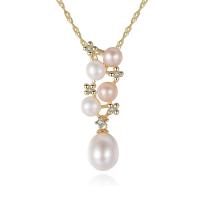 Freshwater Pearl Brass Necklace, with Freshwater Pearl, with 5cm extender chain, gold color plated, Singapore chain & for woman & with cubic zirconia, nickel, lead & cadmium free Approx 15.5 Inch 