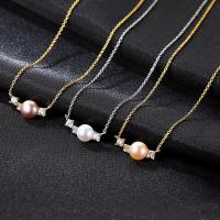 Freshwater Pearl Brass Necklace, with Freshwater Pearl, with 5cm extender chain, plated, oval chain & for woman & with cubic zirconia nickel, lead & cadmium free Approx 15.5 Inch 