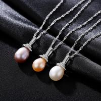 Freshwater Pearl Brass Necklace, with Freshwater Pearl, with 5cm extender chain, platinum color plated, Singapore chain & for woman & with cubic zirconia nickel, lead & cadmium free Approx 15.5 Inch 