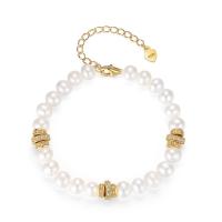 Cubic Zirconia Brass Bracelets, with Freshwater Pearl, with 6cm extender chain, gold color plated, for woman & with cubic zirconia, nickel, lead & cadmium free, 6mm Approx 6 Inch 