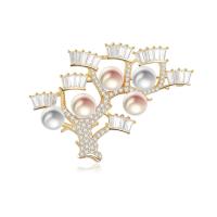 Cubic Zirconia Brooch, Brass, with Cubic Zirconia & Freshwater Pearl, Branch, gold color plated, for woman & with cubic zirconia & faceted, nickel, lead & cadmium free 