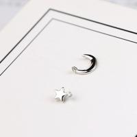 Asymmetric Earrings, 925 Sterling Silver, Moon and Star, platinum plated, hypo allergic & for woman  