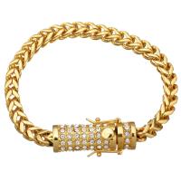 Stainless Steel Chain Bracelets, gold color plated, wheat chain & for woman & with rhinestone 6mm Approx 8 Inch 