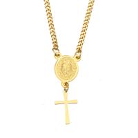 Stainless Steel Jewelry Necklace, Cross, gold color plated, curb chain & with letter pattern & for woman, 30mm 2.5mm Approx 20 Inch 