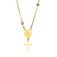 Stainless Steel Sweater Chain Necklace, Cross, gold color plated, oval chain & with letter pattern & for woman, 30mm 4mm, 2mm Approx 28 Inch 