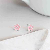 Sterling Silver Stud Earring, 925 Sterling Silver, Oriental Cherry, hypo allergic & for woman & enamel & with cubic zirconia 