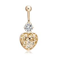 Brass Piercing Barbell, with Cubic Zirconia & Stainless Steel, Heart, real gold plated, with cubic zirconia & faceted & hollow, nickel, lead & cadmium free 