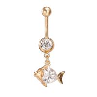 Brass Piercing Barbell, with Stainless Steel, Fish, real gold plated, with cubic zirconia & faceted, nickel, lead & cadmium free 