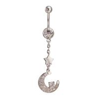 Brass Piercing Barbell, with Stainless Steel, Moon, platinum plated, micro pave cubic zirconia, nickel, lead & cadmium free 