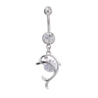 Brass Piercing Barbell, with Stainless Steel, Dolphin, platinum plated, with cubic zirconia & faceted, nickel, lead & cadmium free 