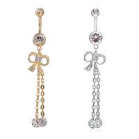 Brass Piercing Barbell, with Cubic Zirconia & Stainless Steel, Bowknot, plated, micro pave cubic zirconia & faceted nickel, lead & cadmium free 