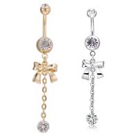 Brass Piercing Barbell, with Cubic Zirconia & Stainless Steel, Bowknot, plated, with cubic zirconia & faceted nickel, lead & cadmium free 