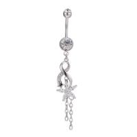 Brass Piercing Barbell, with Stainless Steel, Flower, platinum plated, micro pave cubic zirconia & with cubic zirconia & faceted, nickel, lead & cadmium free 