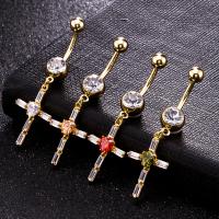 Brass Piercing Barbell, with Stainless Steel, Cross, real gold plated, with cubic zirconia & faceted nickel, lead & cadmium free 