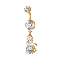 Brass Piercing Barbell, with Stainless Steel, Cat, real gold plated, with cubic zirconia & faceted, nickel, lead & cadmium free 