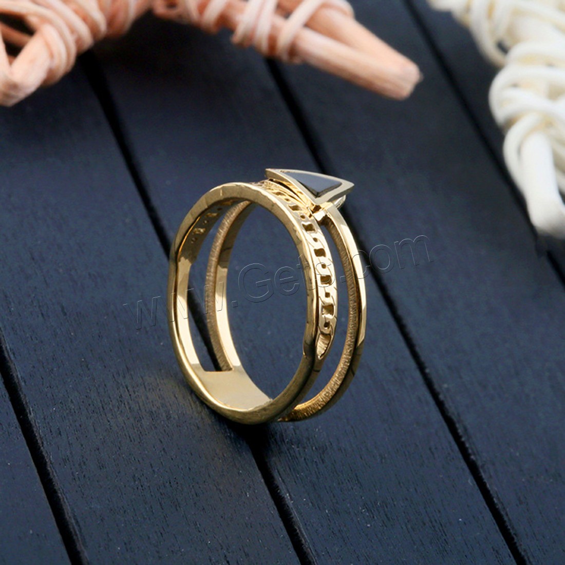 Оболочки палец кольцо, нержавеющая сталь, с Черная ракушка, Треугольник, плакированный настоящим золотом, разный размер для выбора & Женский, продается PC