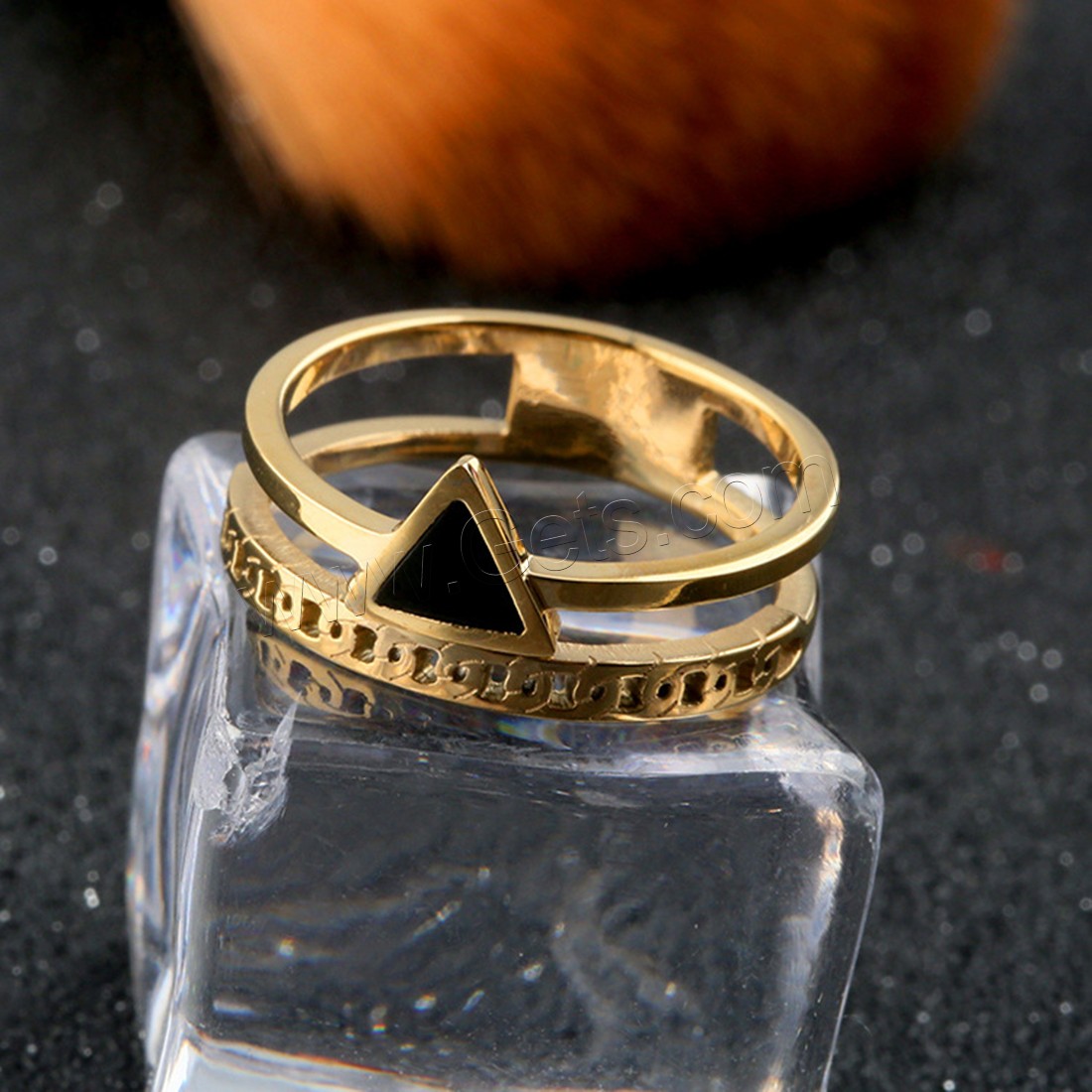 Оболочки палец кольцо, нержавеющая сталь, с Черная ракушка, Треугольник, плакированный настоящим золотом, разный размер для выбора & Женский, продается PC