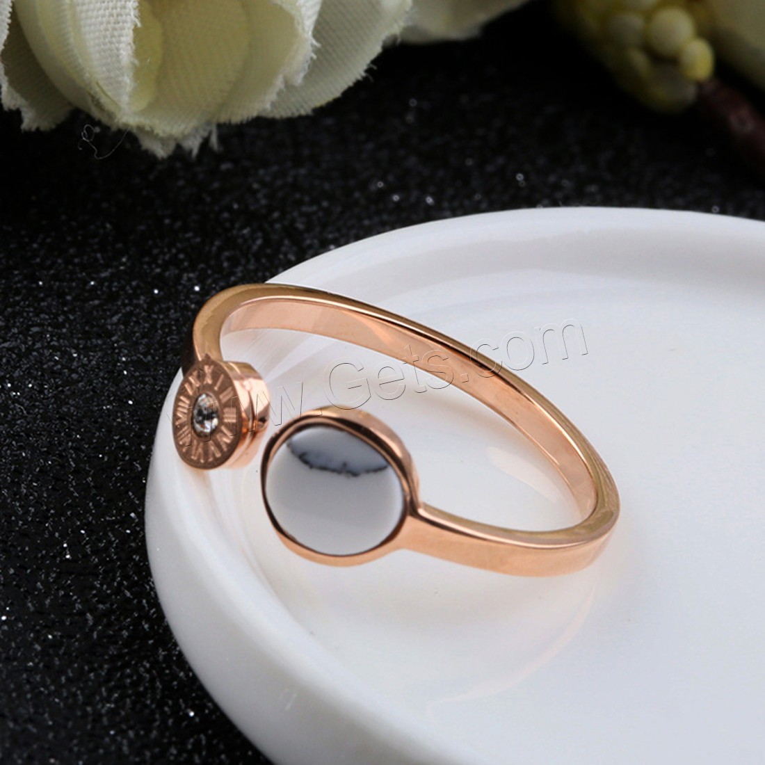 Rhinestone Stainless Steel Finger Ring, with Natural White Turquoise, real rose gold plated, with roman number & adjustable & different size for choice & for woman & with rhinestone, Sold By PC