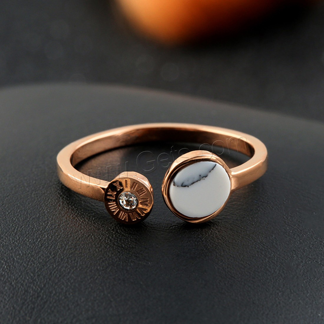 Rhinestone Stainless Steel Finger Ring, with Natural White Turquoise, real rose gold plated, with roman number & adjustable & different size for choice & for woman & with rhinestone, Sold By PC