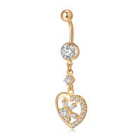 Brass Piercing Barbell, with Stainless Steel, Heart, real gold plated, micro pave cubic zirconia & with cubic zirconia & faceted, nickel, lead & cadmium free 