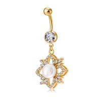 Brass Piercing Barbell, with ABS Plastic Pearl & Stainless Steel, Flower, real gold plated, micro pave cubic zirconia, nickel, lead & cadmium free 