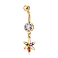 Brass Piercing Barbell, with Stainless Steel, Flower, real gold plated, with cubic zirconia & faceted, nickel, lead & cadmium free 