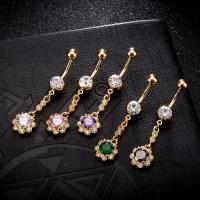 Brass Piercing Barbell, with Stainless Steel, Flower, real gold plated, micro pave cubic zirconia & with cubic zirconia & faceted nickel, lead & cadmium free 