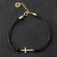Stainless Steel Charm Bracelet, with Cowhide, with 1.9Inch extender chain, Cross, real gold plated, for woman & with rhinestone, 16mm Approx 5.35 Inch 