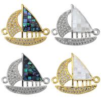 Shell Jewelry Connector, Brass, with White Shell & Abalone Shell, Sail Boat, plated & micro pave cubic zirconia & epoxy gel & 1/1 loop Approx 1.5mm 