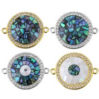 Shell Jewelry Connector, Brass, with White Shell & Abalone Shell, Flat Round, plated & micro pave cubic zirconia & epoxy gel & 1/1 loop Approx 1.5mm 