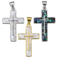 Brass Shell Pendants, with White Shell & Abalone Shell, Cross, plated & epoxy gel Approx 3.5mm 