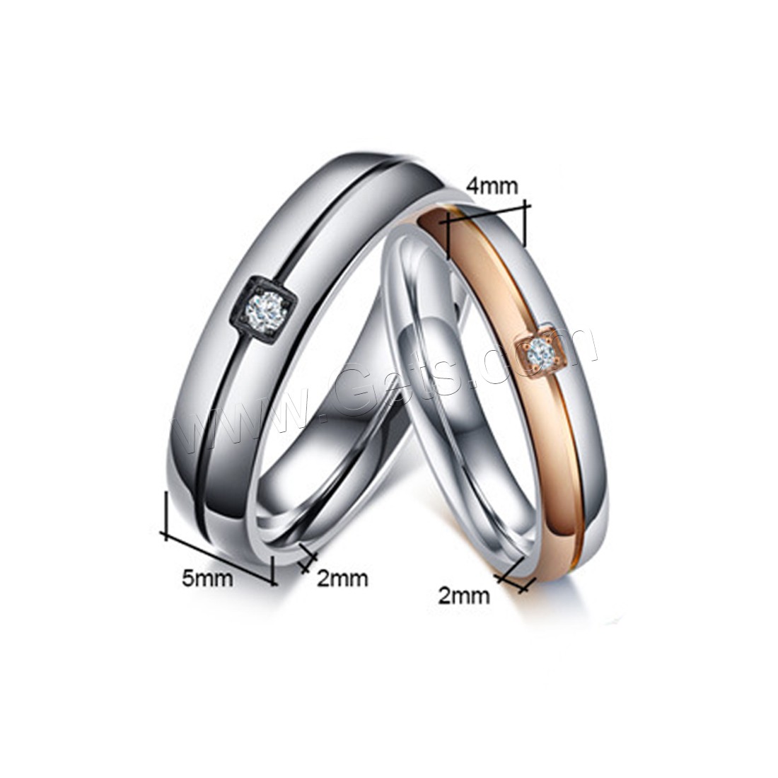 Stainless Steel Couple Ring, plated, different size for choice & with rhinestone, 5x2mm, 4x2mm, Sold By PC